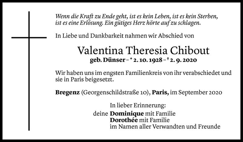  Todesanzeige für Valentina Theresia Chibout vom 16.09.2020 aus Vorarlberger Nachrichten