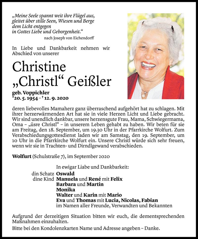 Todesanzeige für Christine Geißler vom 15.09.2020 aus Vorarlberger Nachrichten