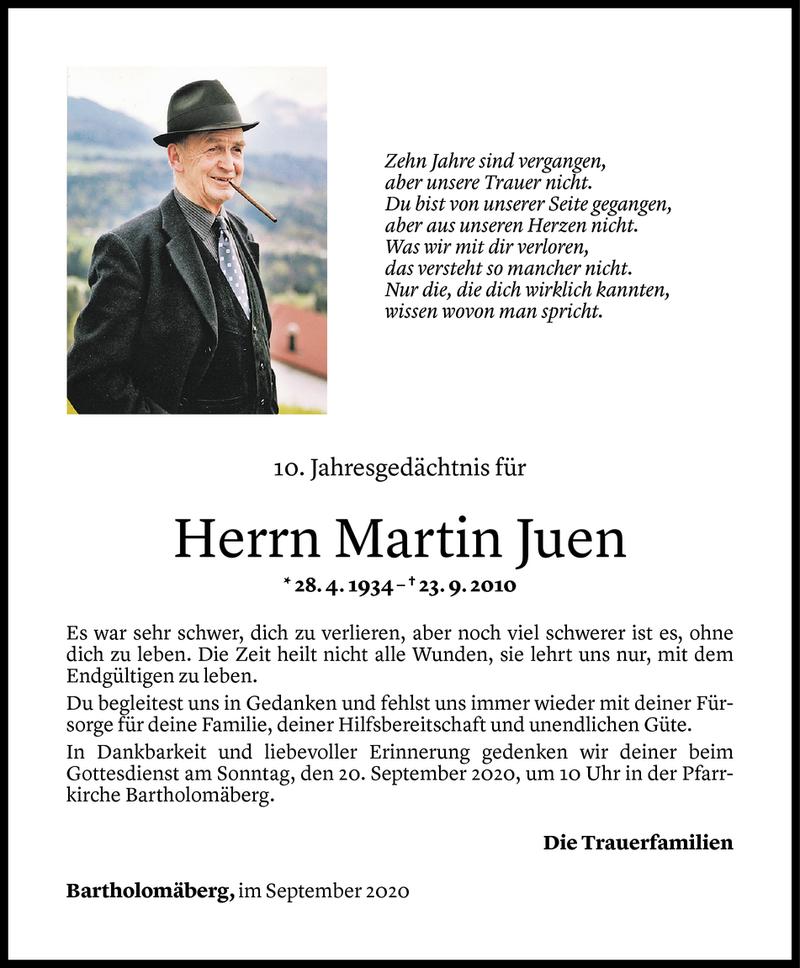  Todesanzeige für Martin Juen vom 18.09.2020 aus Vorarlberger Nachrichten