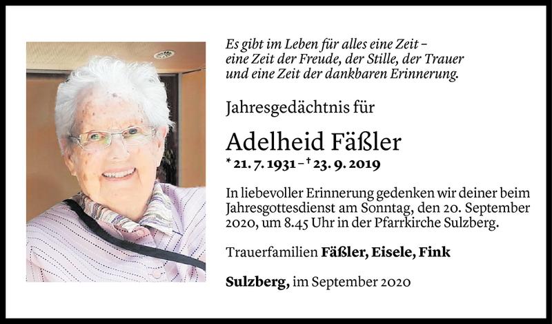  Todesanzeige für Adelheid Fäßler vom 18.09.2020 aus Vorarlberger Nachrichten