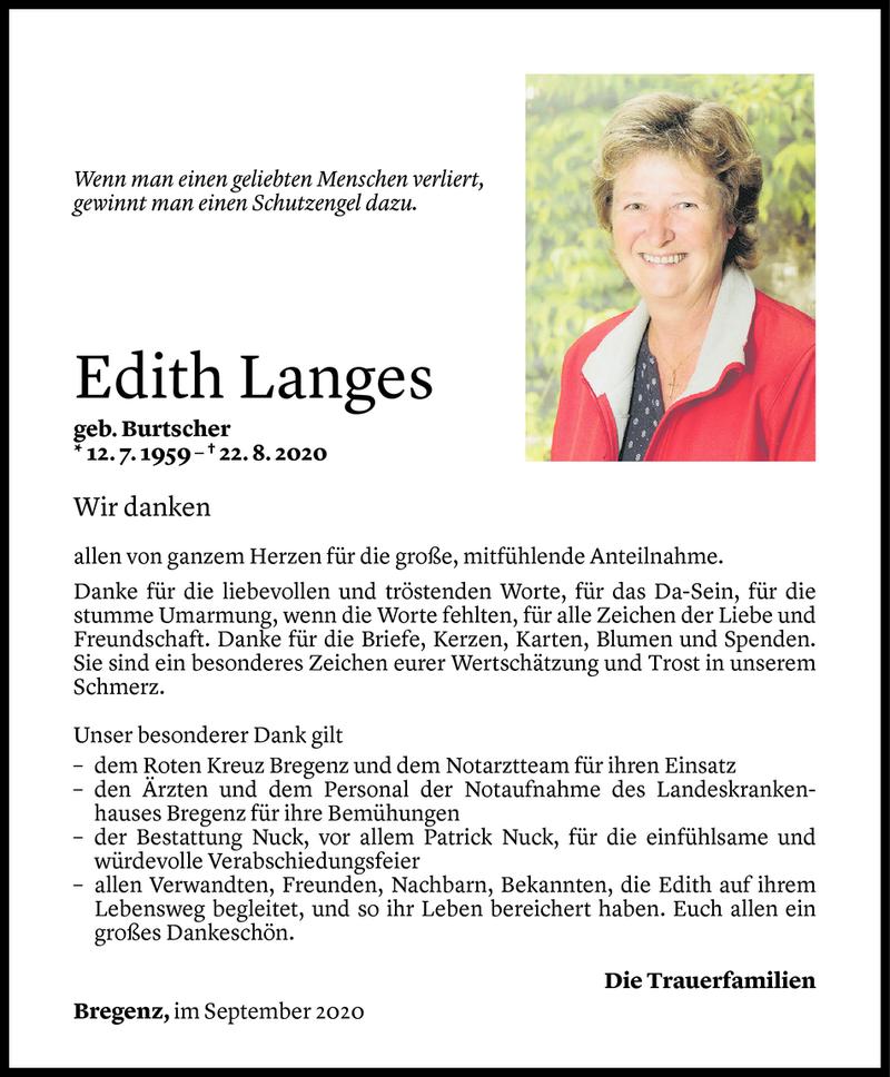  Todesanzeige für Edith Langes vom 18.09.2020 aus Vorarlberger Nachrichten