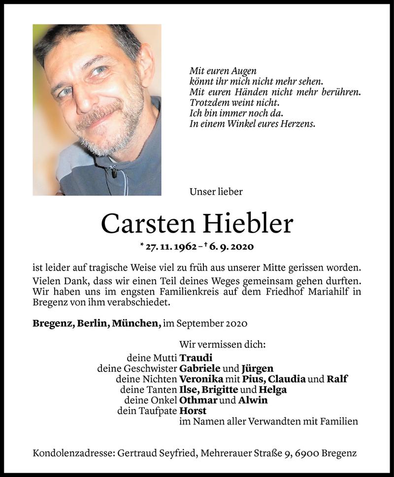  Todesanzeige für Carsten Hiebler vom 19.09.2020 aus Vorarlberger Nachrichten