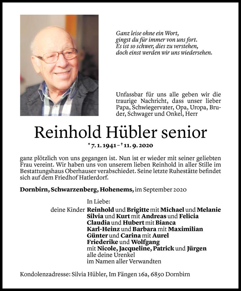  Todesanzeige für Reinhold Hübler senior vom 18.09.2020 aus Vorarlberger Nachrichten