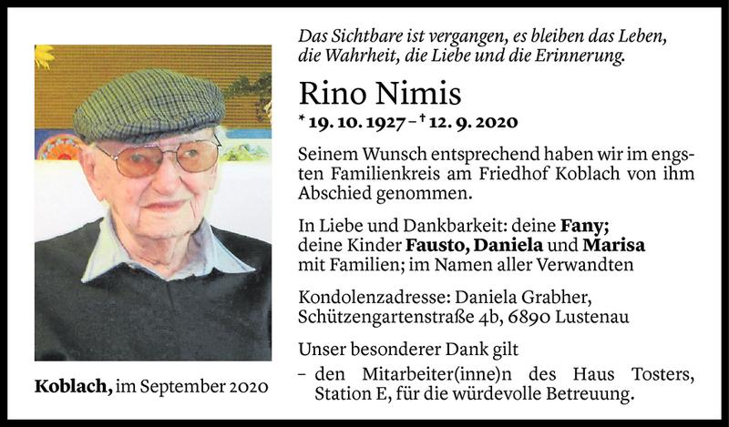  Todesanzeige für Rino Nimis vom 21.09.2020 aus Vorarlberger Nachrichten