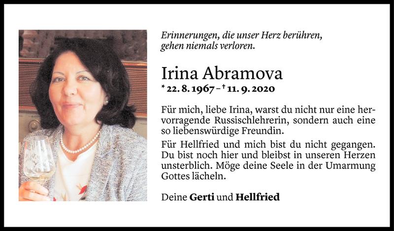  Todesanzeige für Irina Abramova vom 18.09.2020 aus Vorarlberger Nachrichten