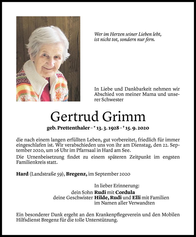  Todesanzeige für Gertrud Grimm vom 19.09.2020 aus Vorarlberger Nachrichten