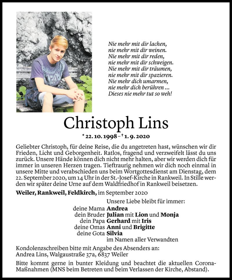  Todesanzeige für Christoph Lins vom 19.09.2020 aus Vorarlberger Nachrichten