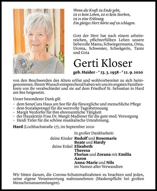Todesanzeigen von Gertrude Kloser | Todesanzeigen Vorarlberger Nachrichten