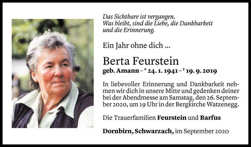  Todesanzeige für Berta Feurstein vom 18.09.2020 aus Vorarlberger Nachrichten