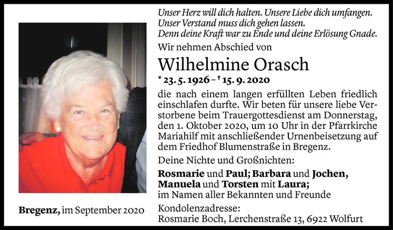  Todesanzeige für Wilhelmine Orasch vom 25.09.2020 aus Vorarlberger Nachrichten