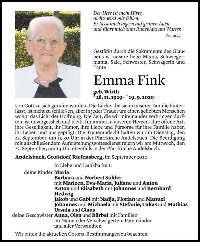  Todesanzeige für Emma Fink vom 20.09.2020 aus Vorarlberger Nachrichten