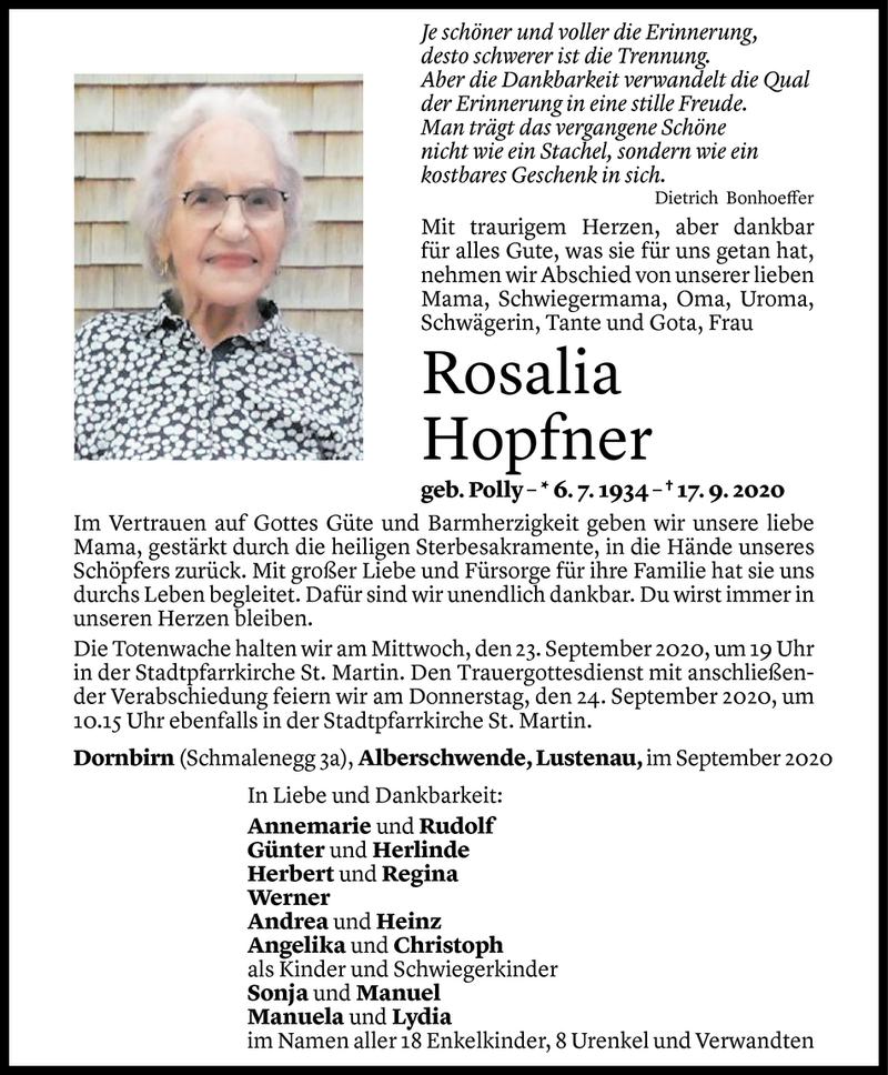  Todesanzeige für Rosalia Hopfner vom 20.09.2020 aus Vorarlberger Nachrichten