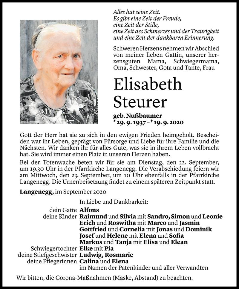  Todesanzeige für Elisabeth Steurer vom 20.09.2020 aus Vorarlberger Nachrichten