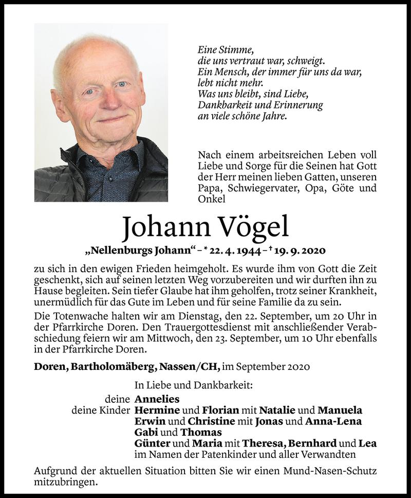  Todesanzeige für Johann Vögel vom 20.09.2020 aus Vorarlberger Nachrichten