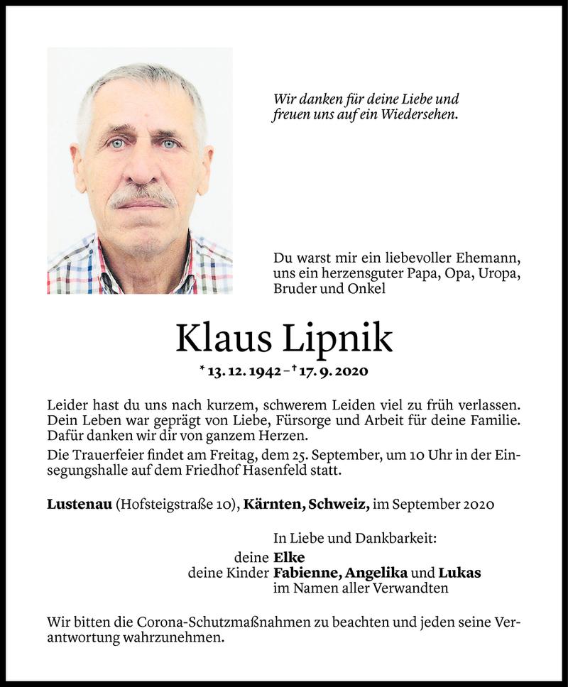  Todesanzeige für Klaus Lipnik vom 21.09.2020 aus Vorarlberger Nachrichten