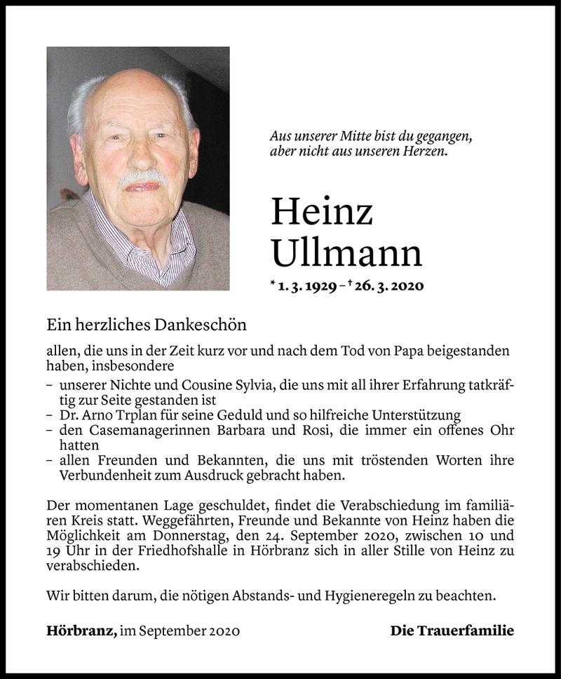  Todesanzeige für Heinz Ullmann vom 21.09.2020 aus Vorarlberger Nachrichten