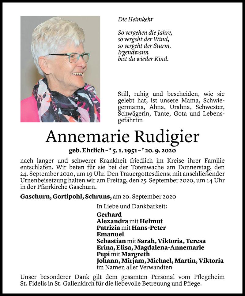  Todesanzeige für Annemarie Rudigier vom 21.09.2020 aus Vorarlberger Nachrichten