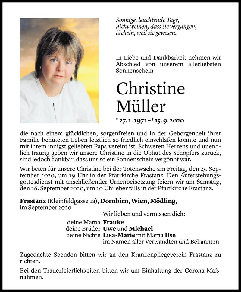  Todesanzeige für Christine Müller vom 22.09.2020 aus Vorarlberger Nachrichten