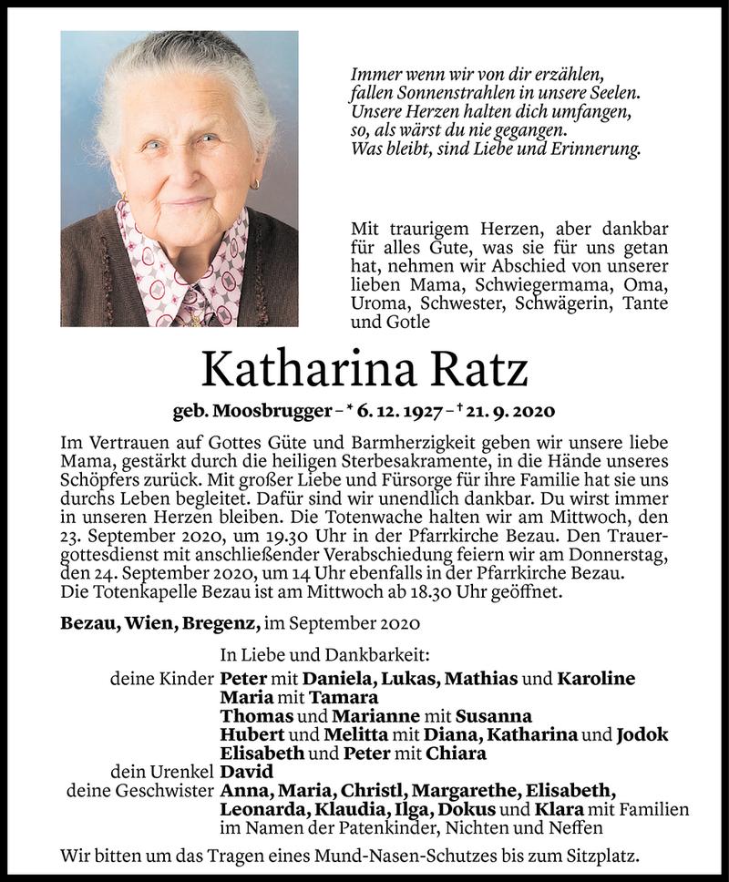  Todesanzeige für Katharina Ratz vom 22.09.2020 aus Vorarlberger Nachrichten