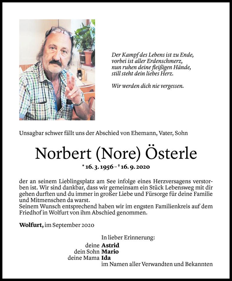  Todesanzeige für Norbert Österle vom 26.09.2020 aus Vorarlberger Nachrichten