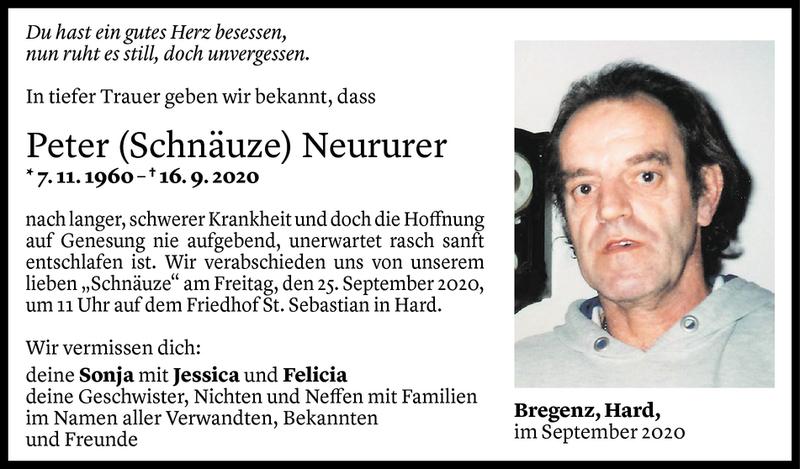  Todesanzeige für Peter Neururer vom 22.09.2020 aus Vorarlberger Nachrichten