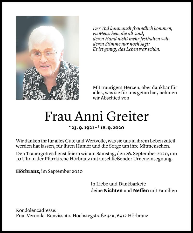  Todesanzeige für Anni Greiter vom 23.09.2020 aus Vorarlberger Nachrichten