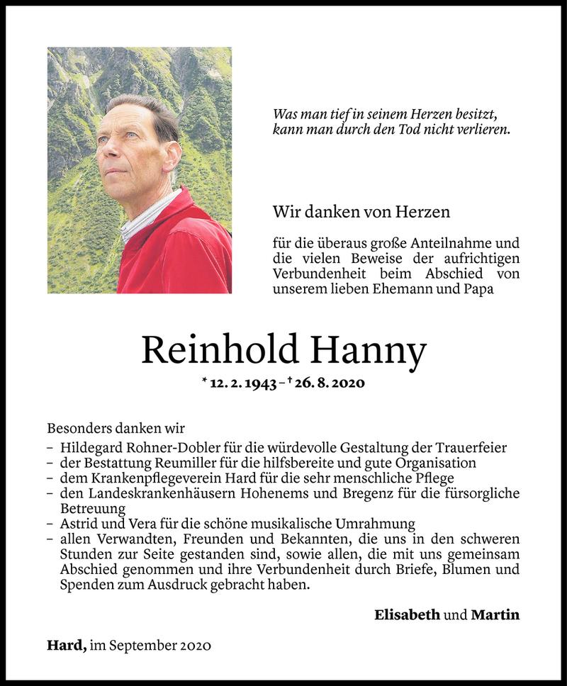  Todesanzeige für Reinhold Hanny vom 22.09.2020 aus Vorarlberger Nachrichten