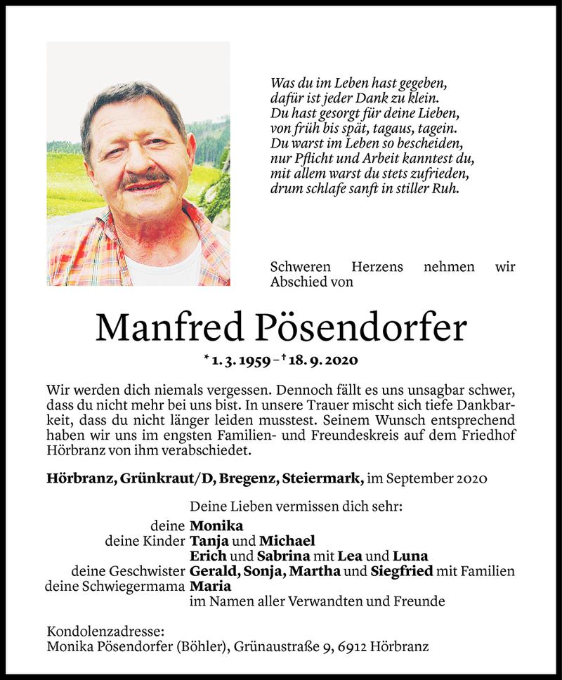  Todesanzeige für Manfred Pösendorfer vom 26.09.2020 aus Vorarlberger Nachrichten