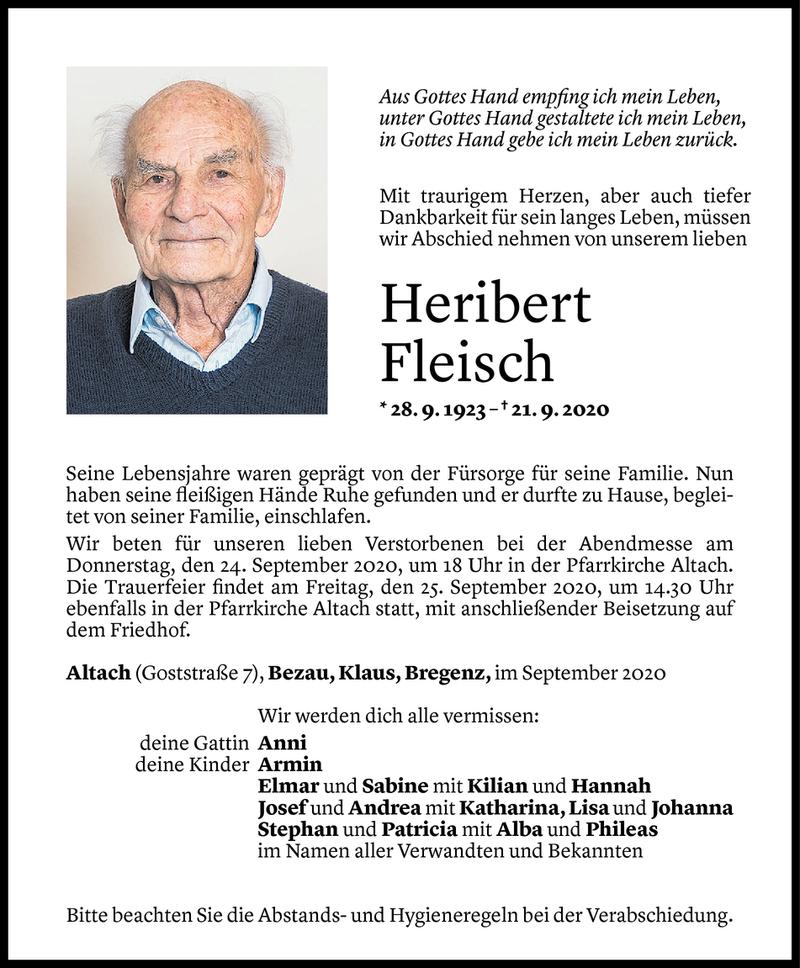  Todesanzeige für Heribert Fleisch vom 22.09.2020 aus Vorarlberger Nachrichten