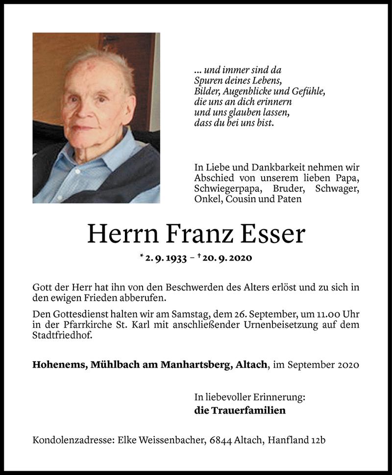  Todesanzeige für Franz Esser vom 24.09.2020 aus Vorarlberger Nachrichten