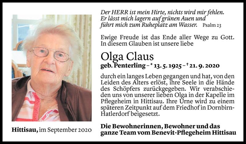  Todesanzeige für Olga Claus vom 24.09.2020 aus Vorarlberger Nachrichten