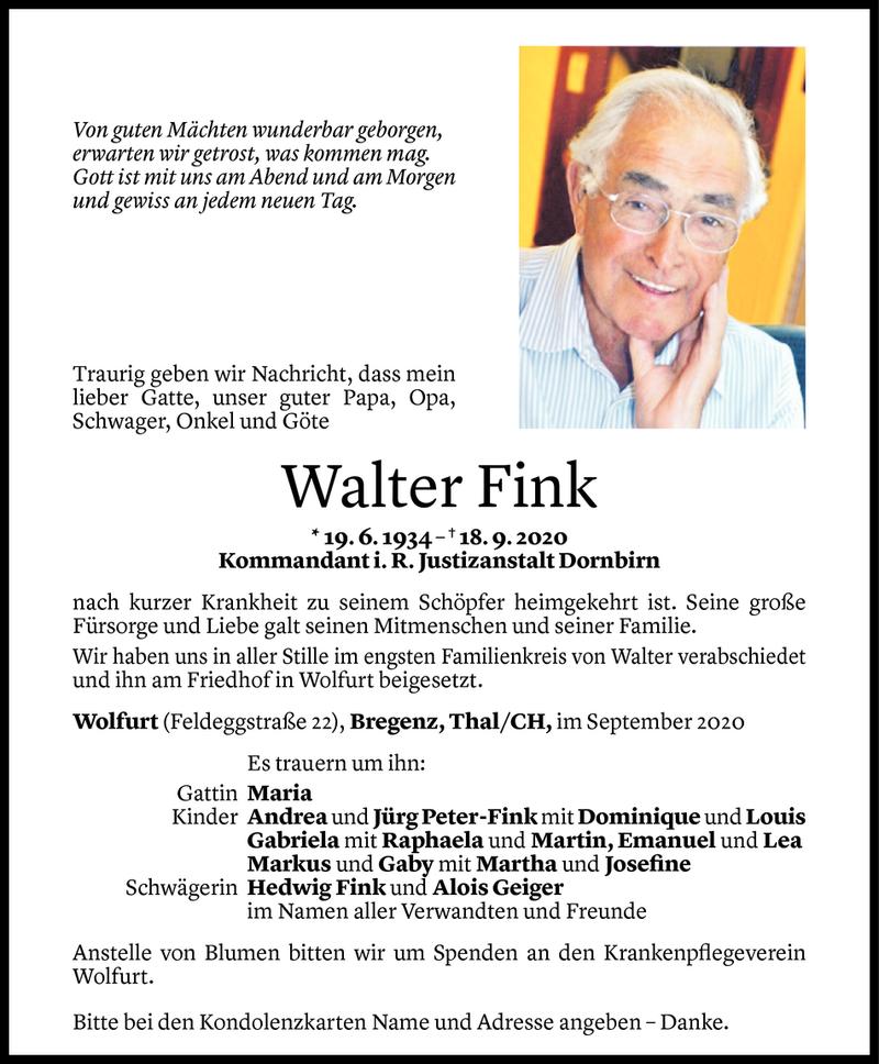  Todesanzeige für Walter Fink vom 26.09.2020 aus Vorarlberger Nachrichten