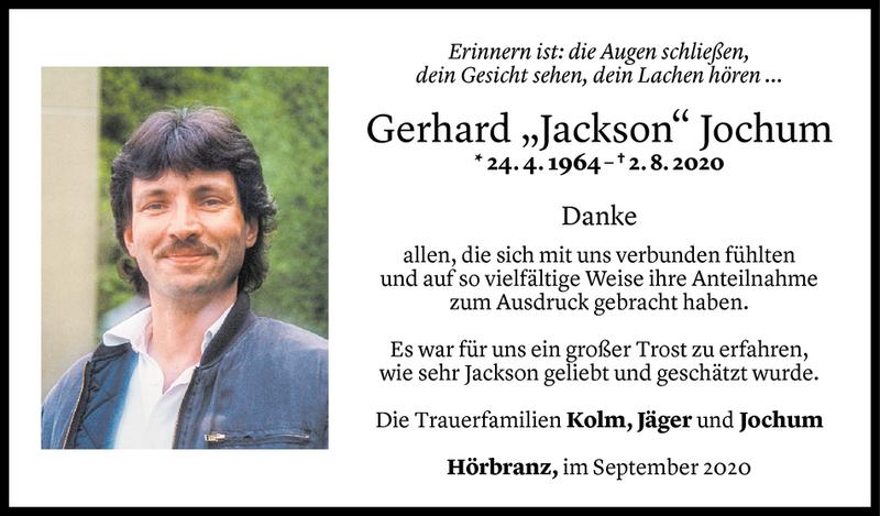  Todesanzeige für Gerhard Jochum vom 26.09.2020 aus Vorarlberger Nachrichten