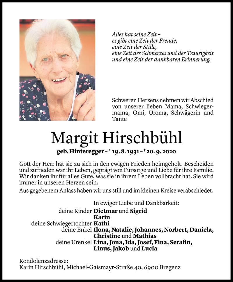  Todesanzeige für Margit Hirschbühl vom 03.10.2020 aus Vorarlberger Nachrichten