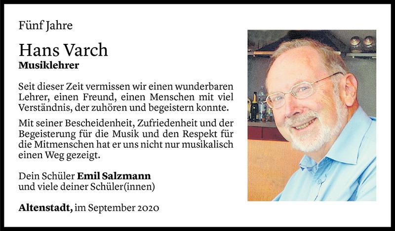  Todesanzeige für Hans Varch vom 25.09.2020 aus Vorarlberger Nachrichten