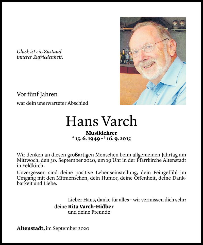  Todesanzeige für Hans Varch vom 25.09.2020 aus Vorarlberger Nachrichten
