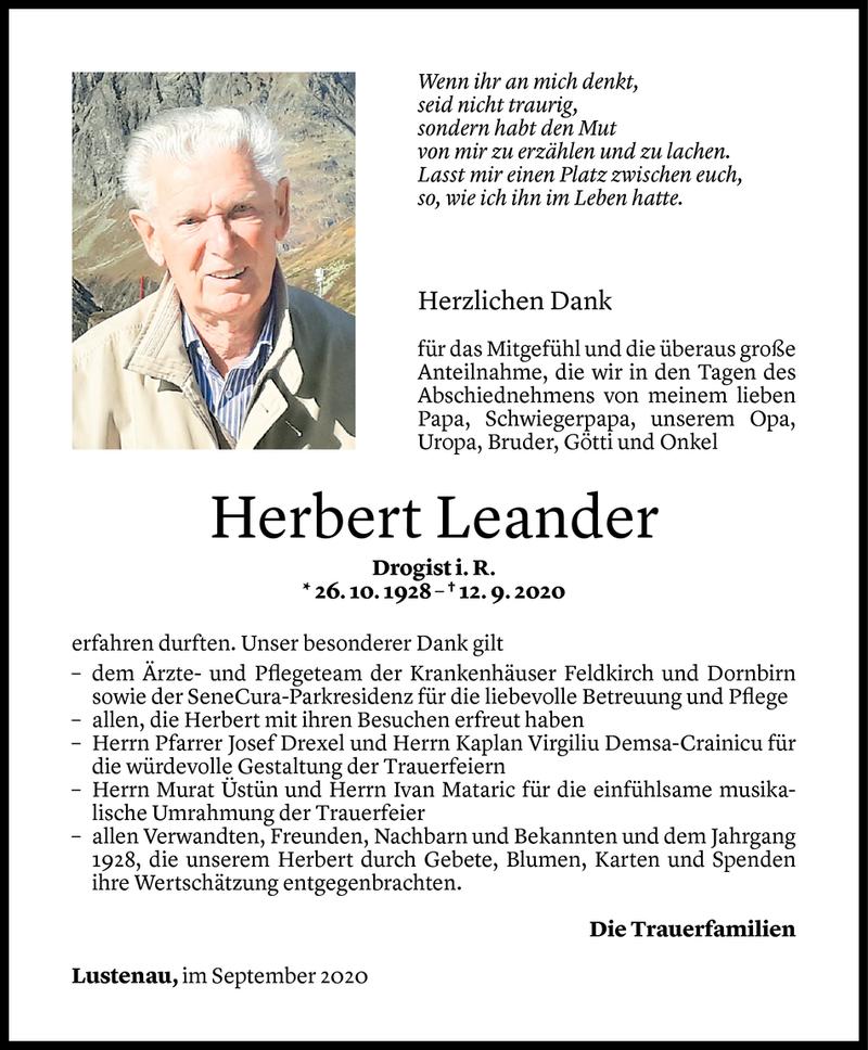  Todesanzeige für Herbert Leander vom 28.09.2020 aus Vorarlberger Nachrichten