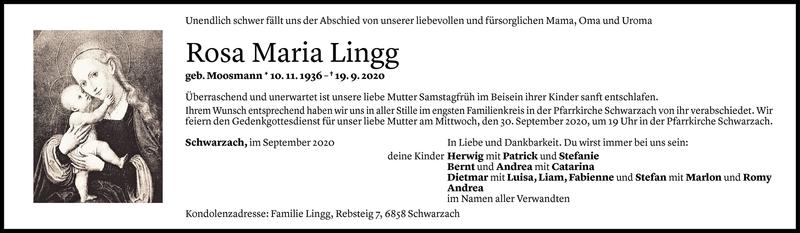  Todesanzeige für Rosa Maria Lingg vom 24.09.2020 aus Vorarlberger Nachrichten