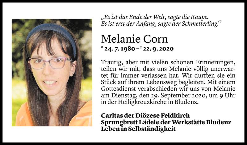  Todesanzeige für Melanie Corn vom 26.09.2020 aus Vorarlberger Nachrichten