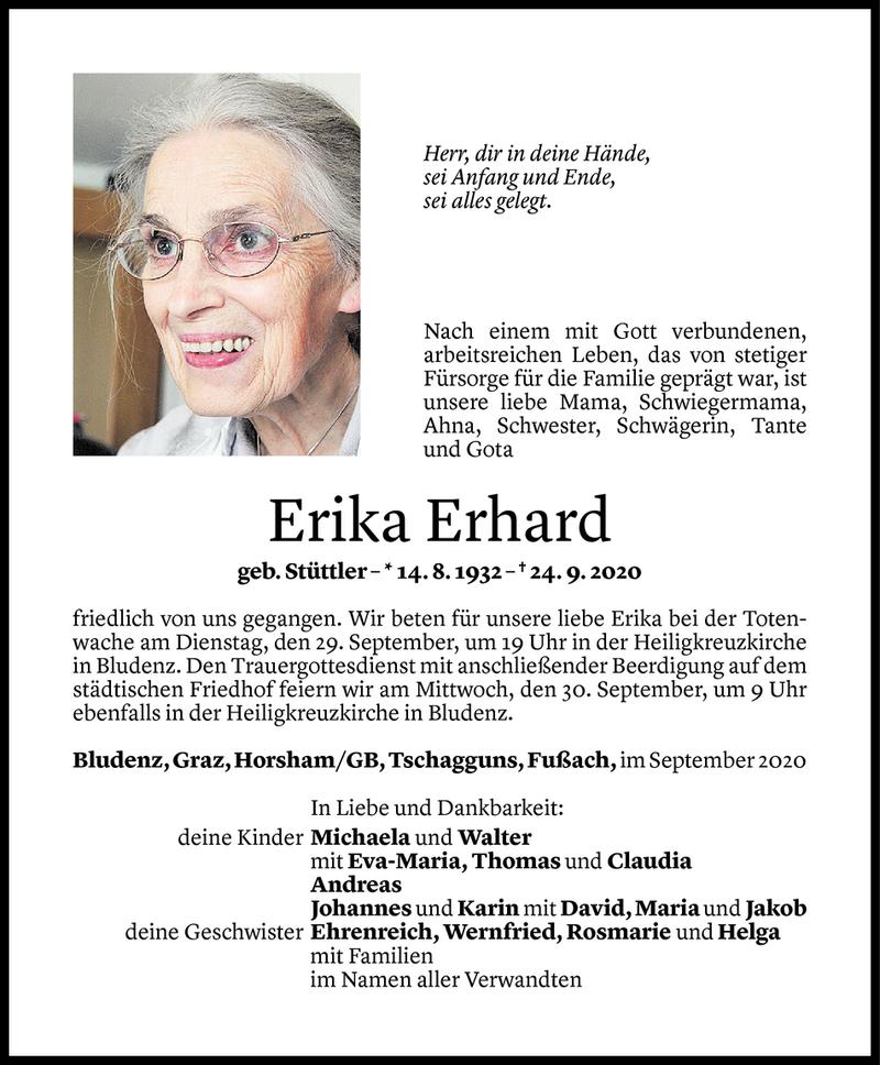  Todesanzeige für Erika Erhard vom 26.09.2020 aus Vorarlberger Nachrichten