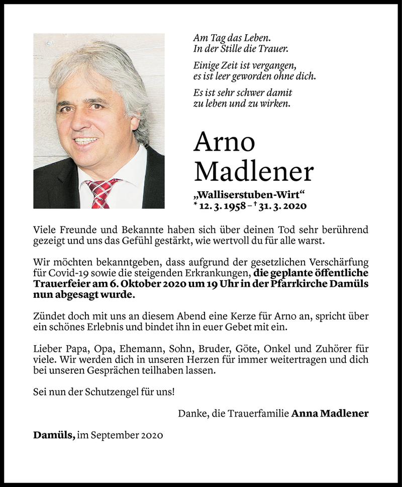  Todesanzeige für Arno Madlener vom 25.09.2020 aus Vorarlberger Nachrichten
