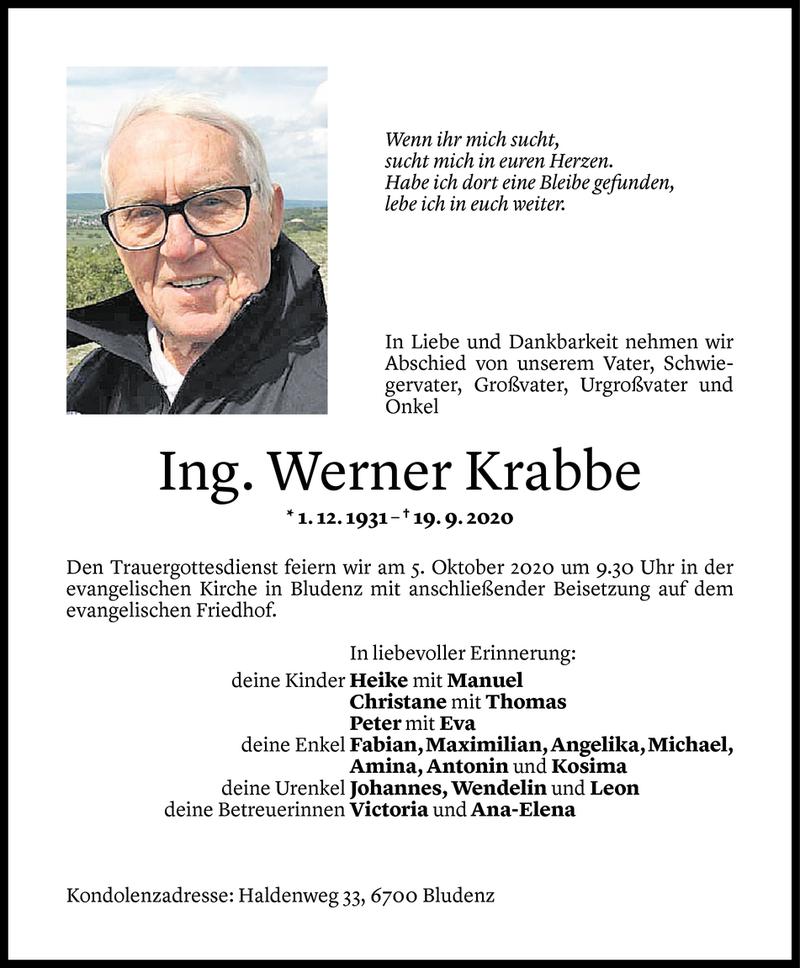  Todesanzeige für Werner Krabbe vom 26.09.2020 aus Vorarlberger Nachrichten