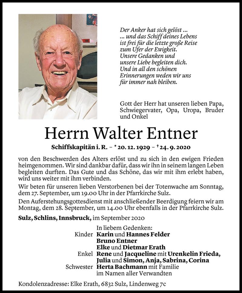  Todesanzeige für Walter Entner vom 26.09.2020 aus Vorarlberger Nachrichten