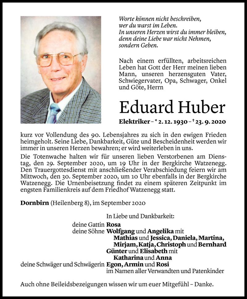  Todesanzeige für Eduard Huber vom 25.09.2020 aus Vorarlberger Nachrichten