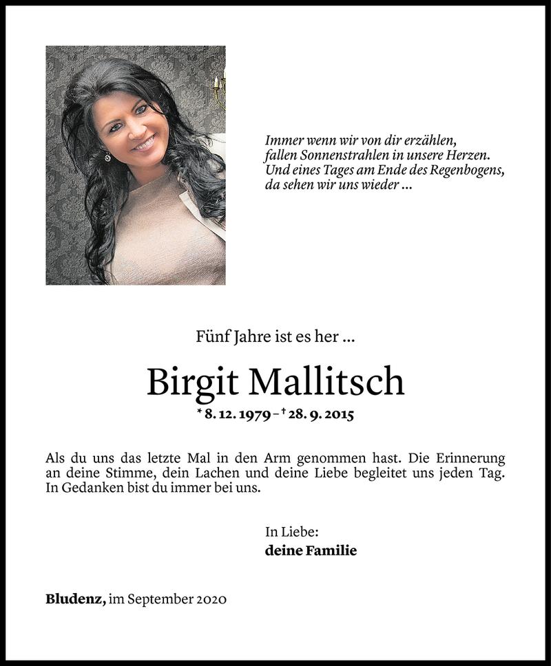  Todesanzeige für Birgit Mallitsch vom 27.09.2020 aus Vorarlberger Nachrichten