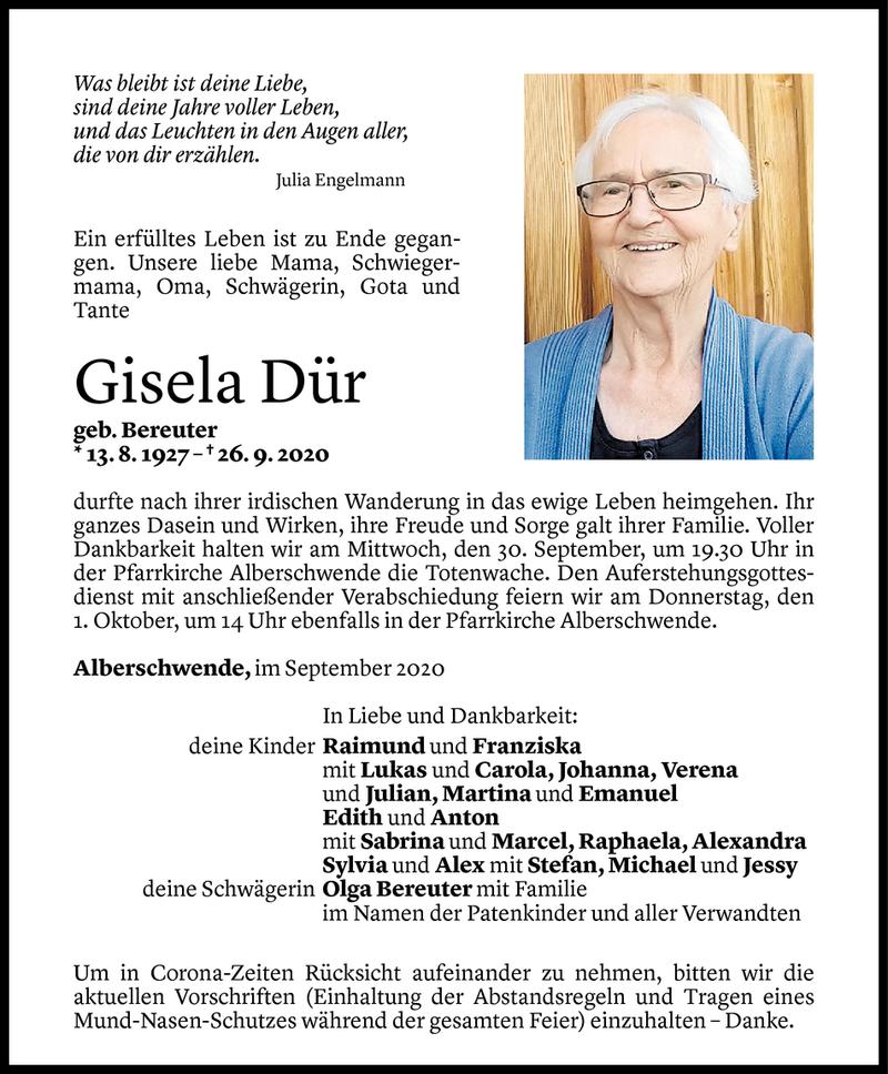  Todesanzeige für Gisela Dür vom 28.09.2020 aus Vorarlberger Nachrichten