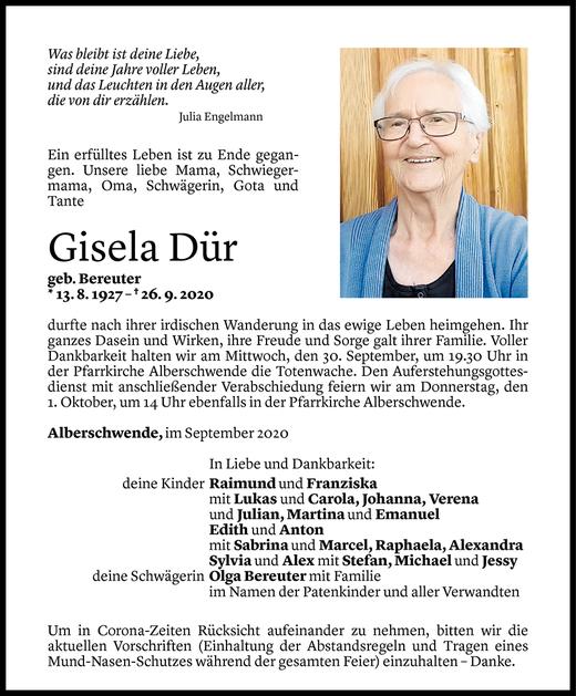 Todesanzeigen von Gisela Dür | Todesanzeigen Vorarlberger Nachrichten