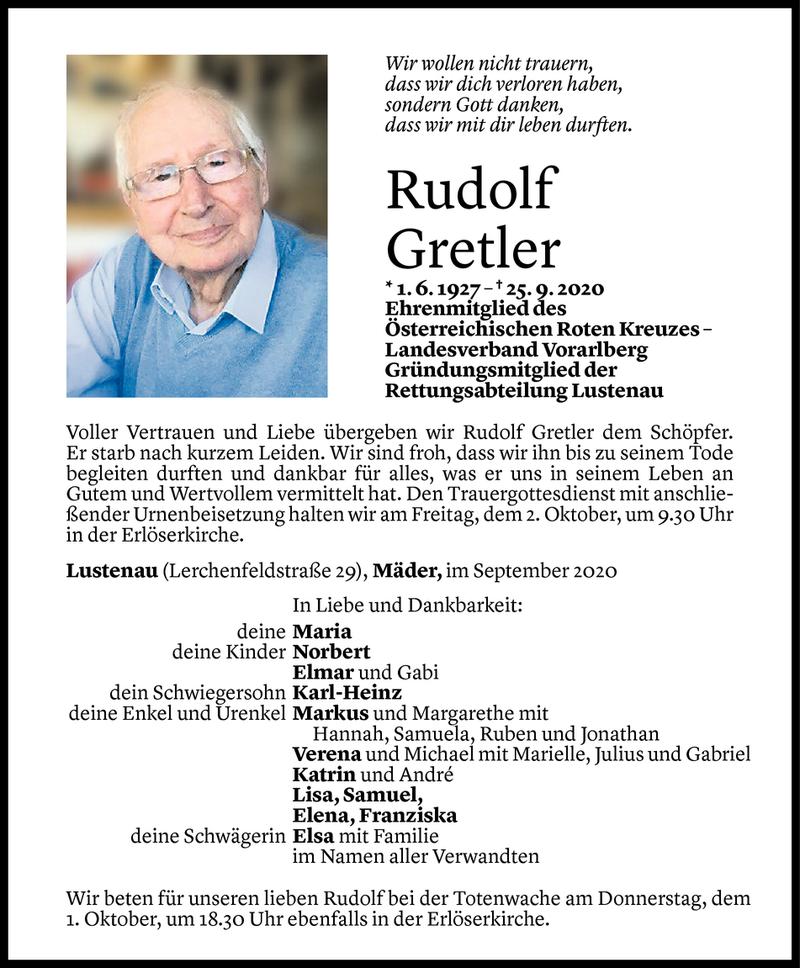  Todesanzeige für Rudolf Gretler vom 28.09.2020 aus Vorarlberger Nachrichten