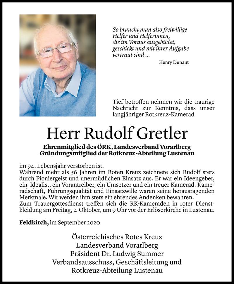  Todesanzeige für Rudolf Gretler vom 28.09.2020 aus Vorarlberger Nachrichten