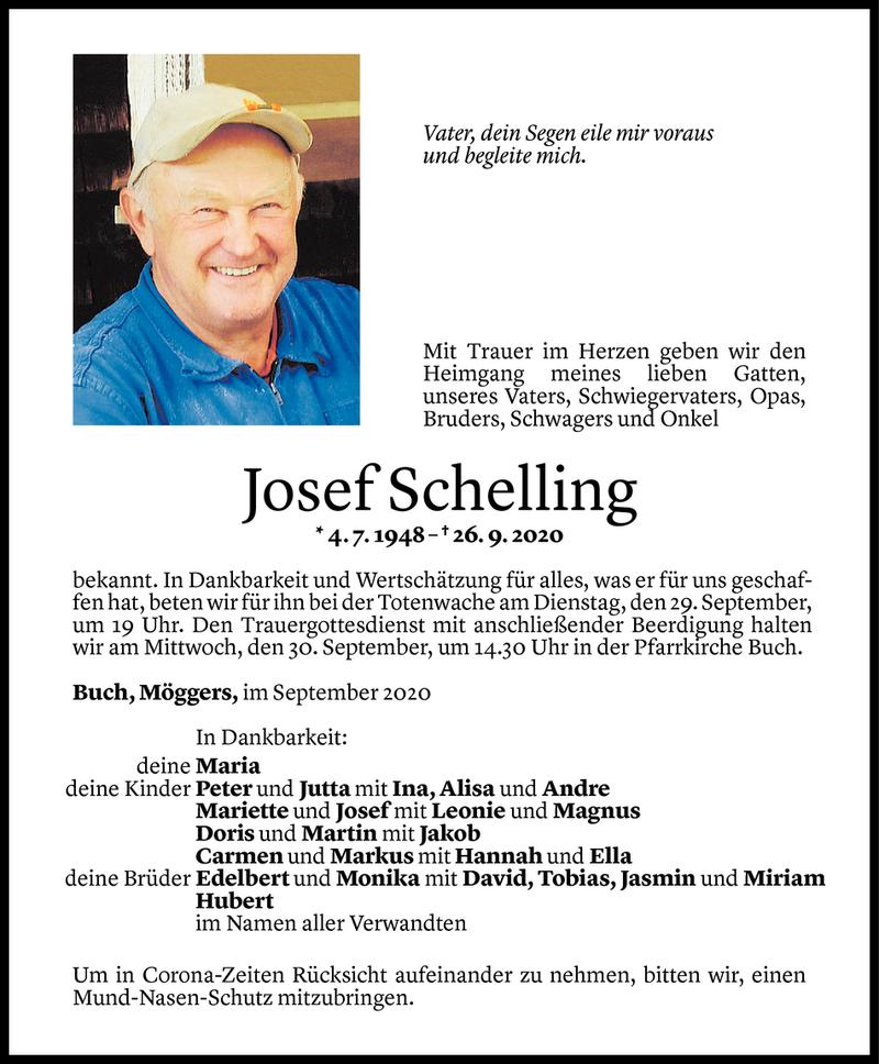  Todesanzeige für Josef Schelling vom 28.09.2020 aus Vorarlberger Nachrichten